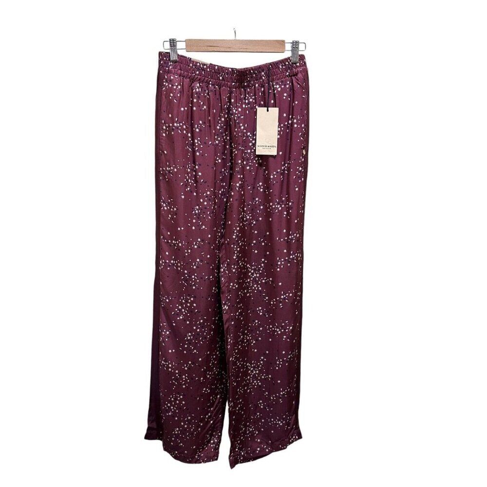 Scotch & Soda Women Size M Gia Burgundy Starburst Print Wide Leg Satin Pants NEW